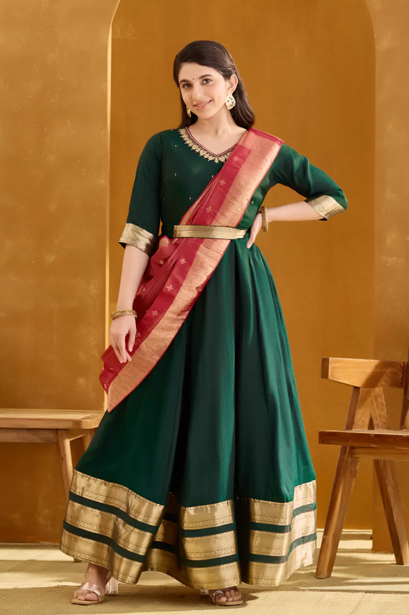 Bottle Green Viscose Anarkali with Zari Border & Dupatta